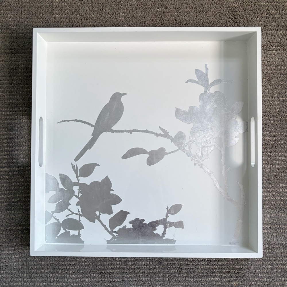 Vintage White Tray with Silver Bird & Branch Design